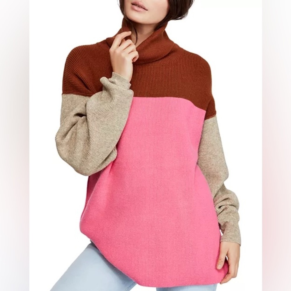 Free People Color-Block Turtleneck Sweater Size Small - Picture 2 of 8